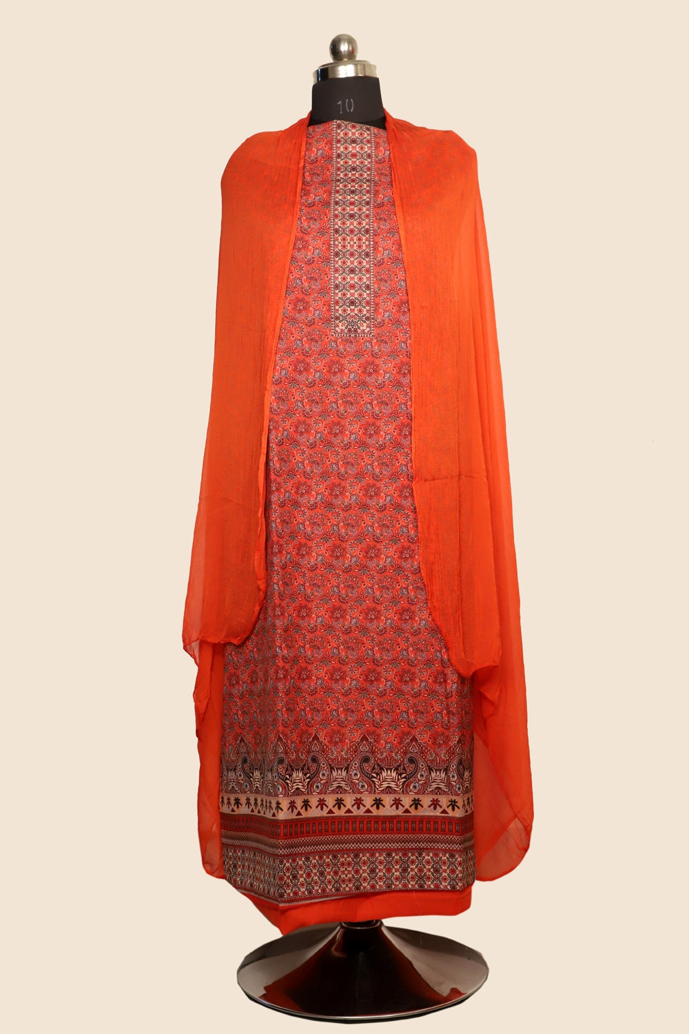 Orange Colour Cotton Kani Printer Unstitched Suit Fabric