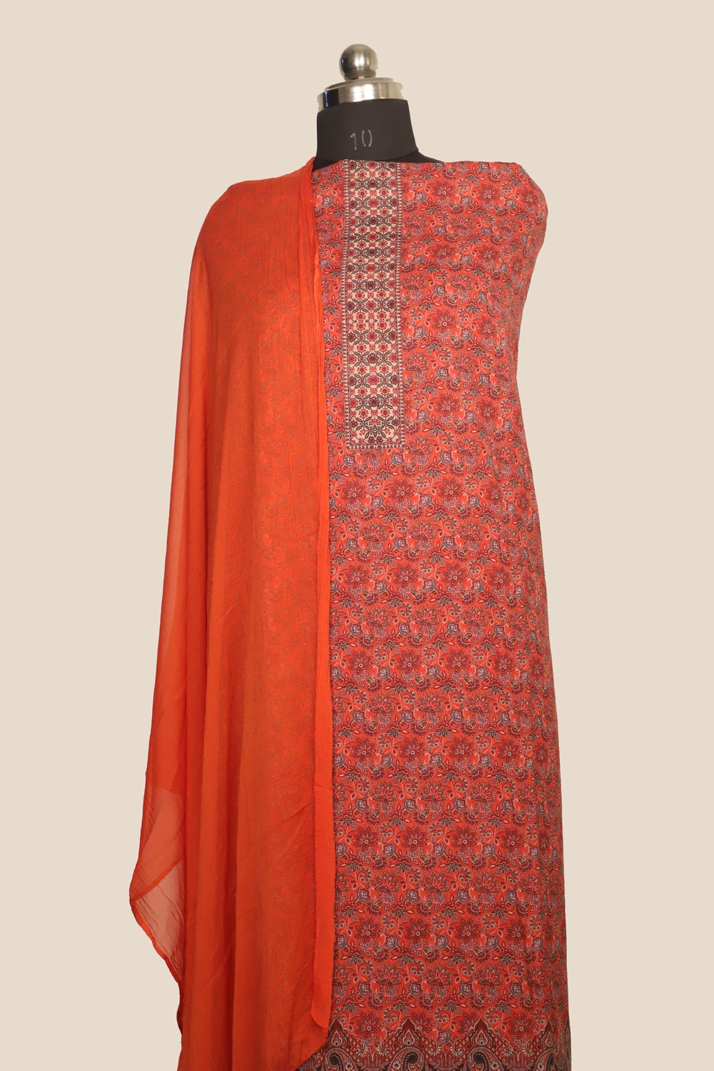 Orange Colour Cotton Kani Printer Unstitched Suit Fabric