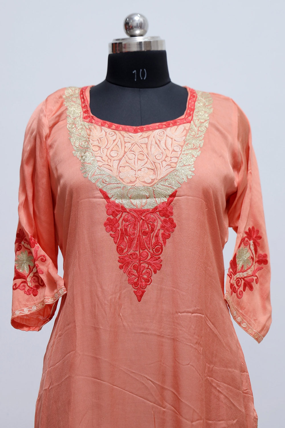 Orange Colour Kashmiri Crepe Kurti With Beautiful Aari