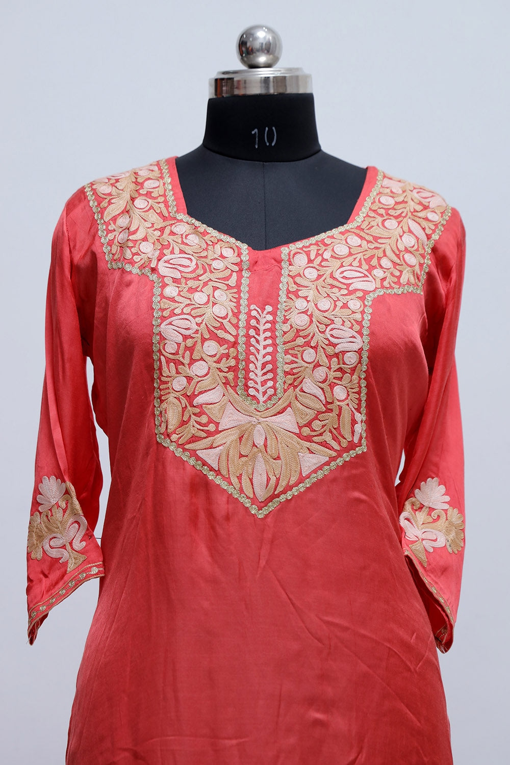 Orange Colour Kashmiri Crepe Kurti With Beautiful Aari