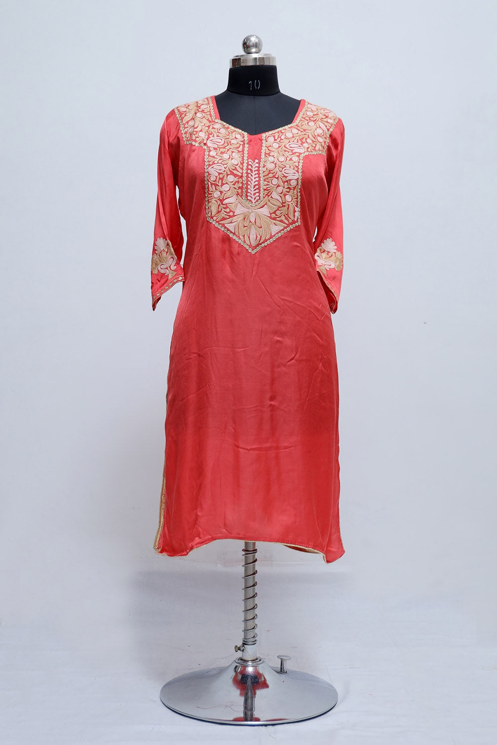 Orange Colour Kashmiri Crepe Kurti With Beautiful Aari