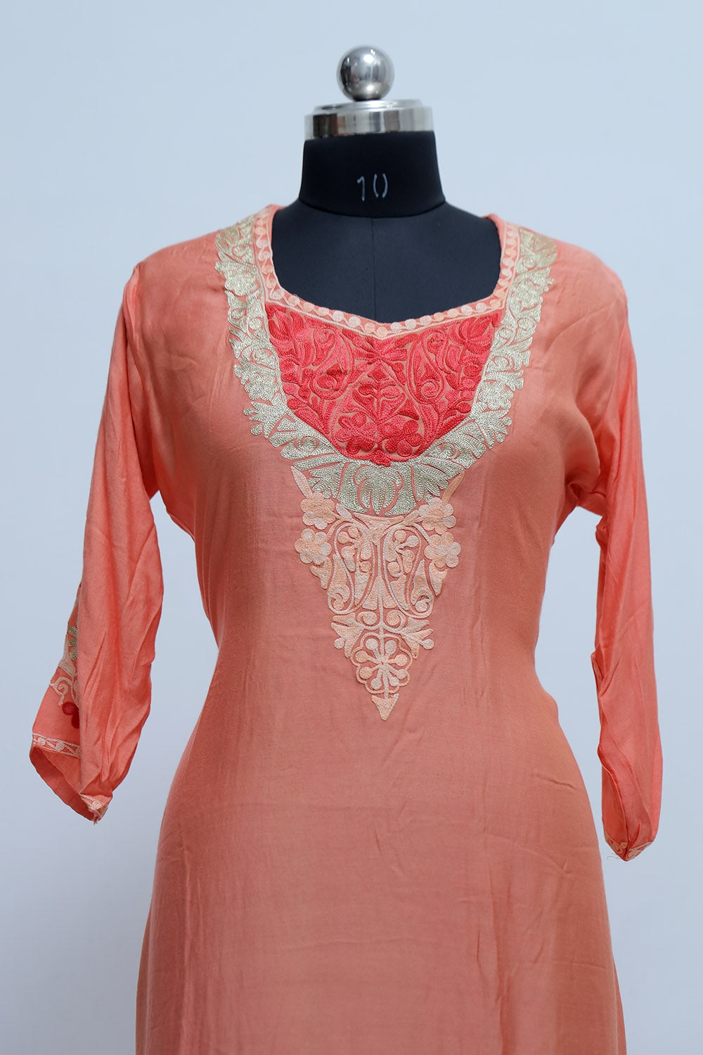 Orange Colour Kashmiri Crepe Kurti With Beautiful Aari