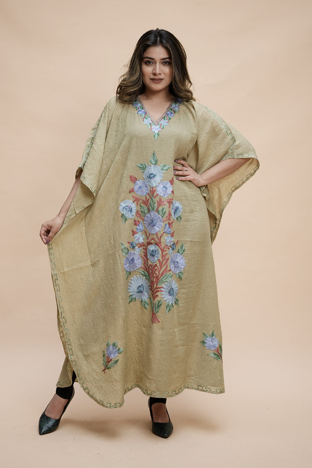 Kashmir Gallery Women Kashmiri Kaftan Nightgown Maxi with Kashmiri Charming Embroidery Free Size - purple