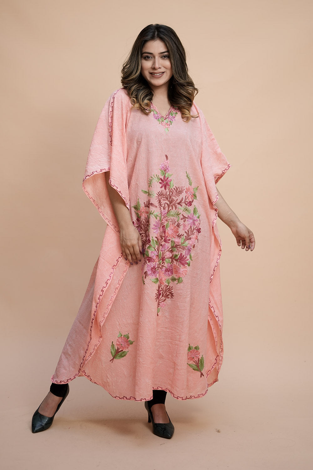 Peach Colour Crush Cotton Kashmiri Aari Work Designer Kaftan