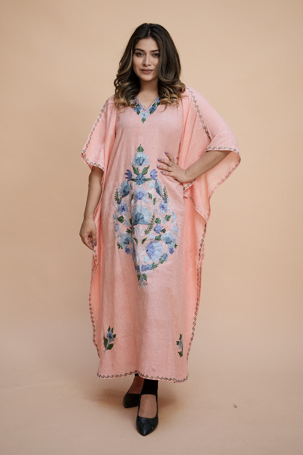 Peach Colour Crush Cotton Kashmiri Aari Work Designer Kaftan