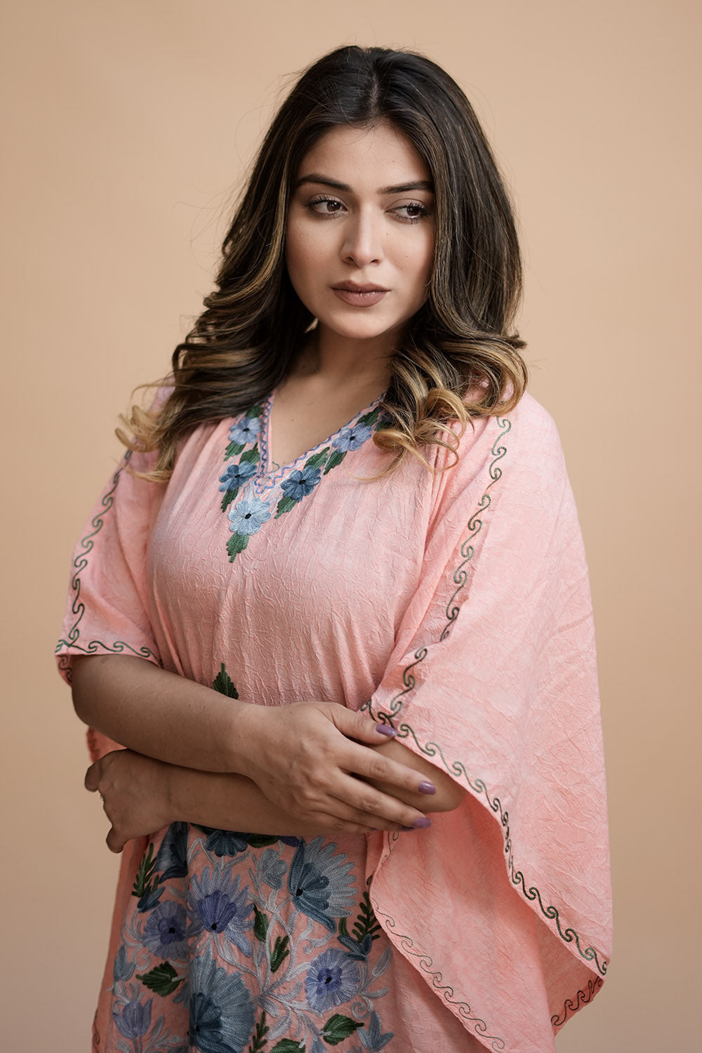 Peach Colour Crush Cotton Kashmiri Aari Work Designer Kaftan