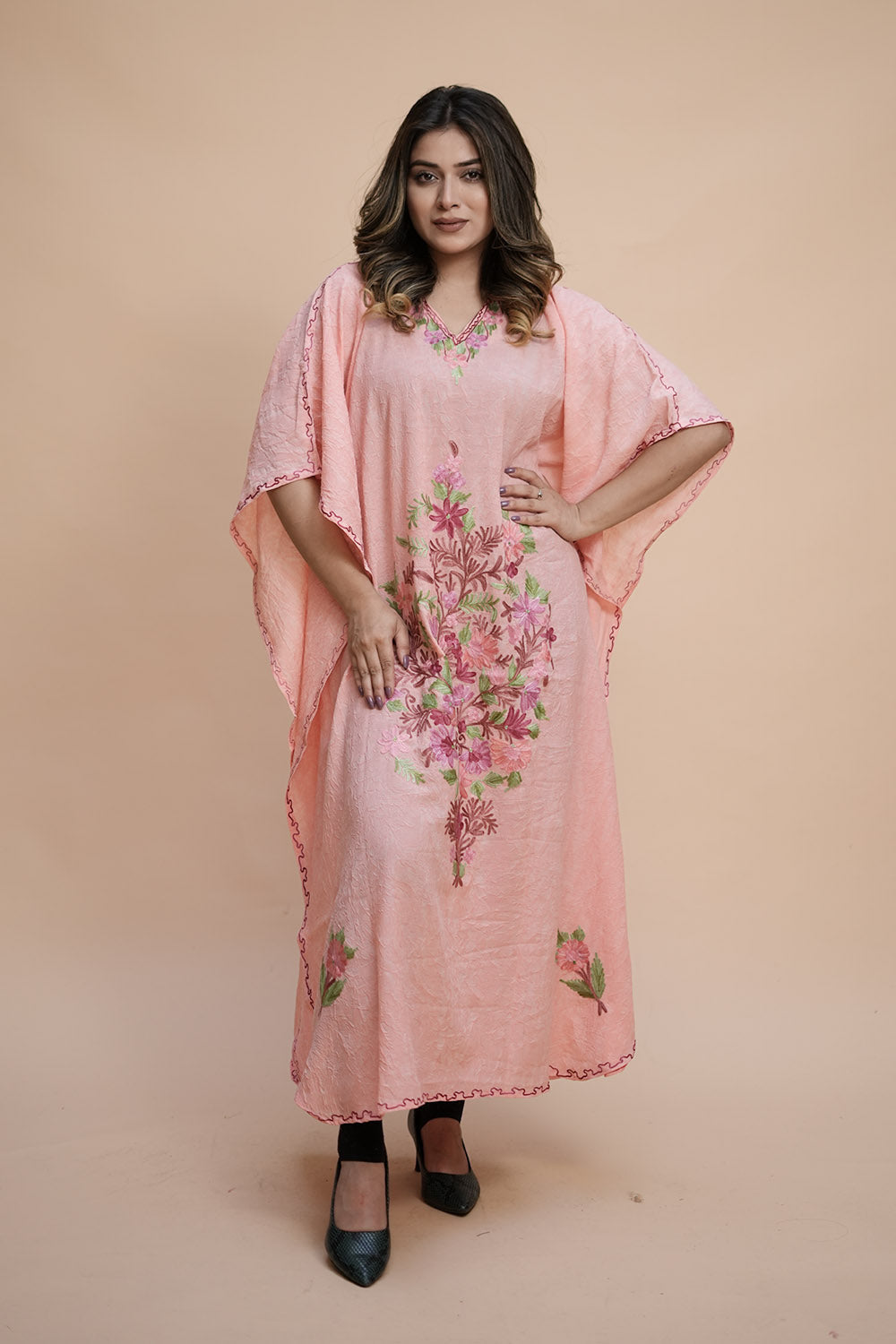 Peach Colour Crush Cotton Kashmiri Aari Work Designer Kaftan