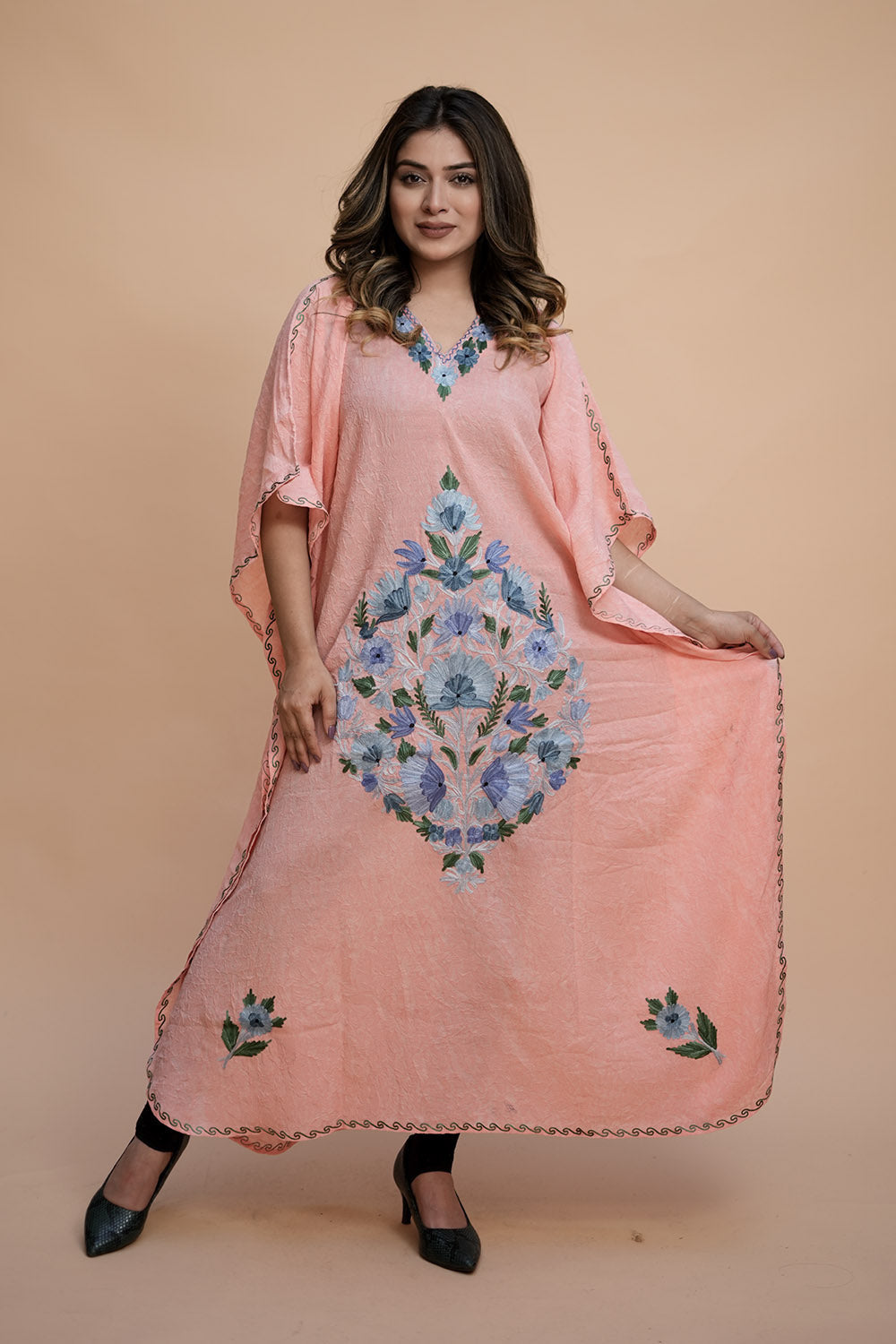 Peach Colour Crush Cotton Kashmiri Aari Work Designer Kaftan