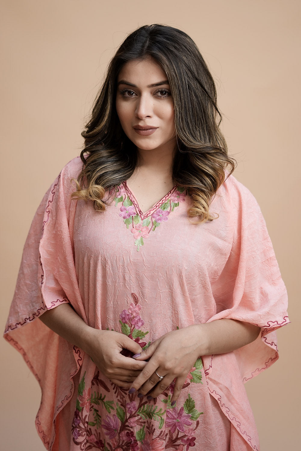 Peach Colour Crush Cotton Kashmiri Aari Work Designer Kaftan