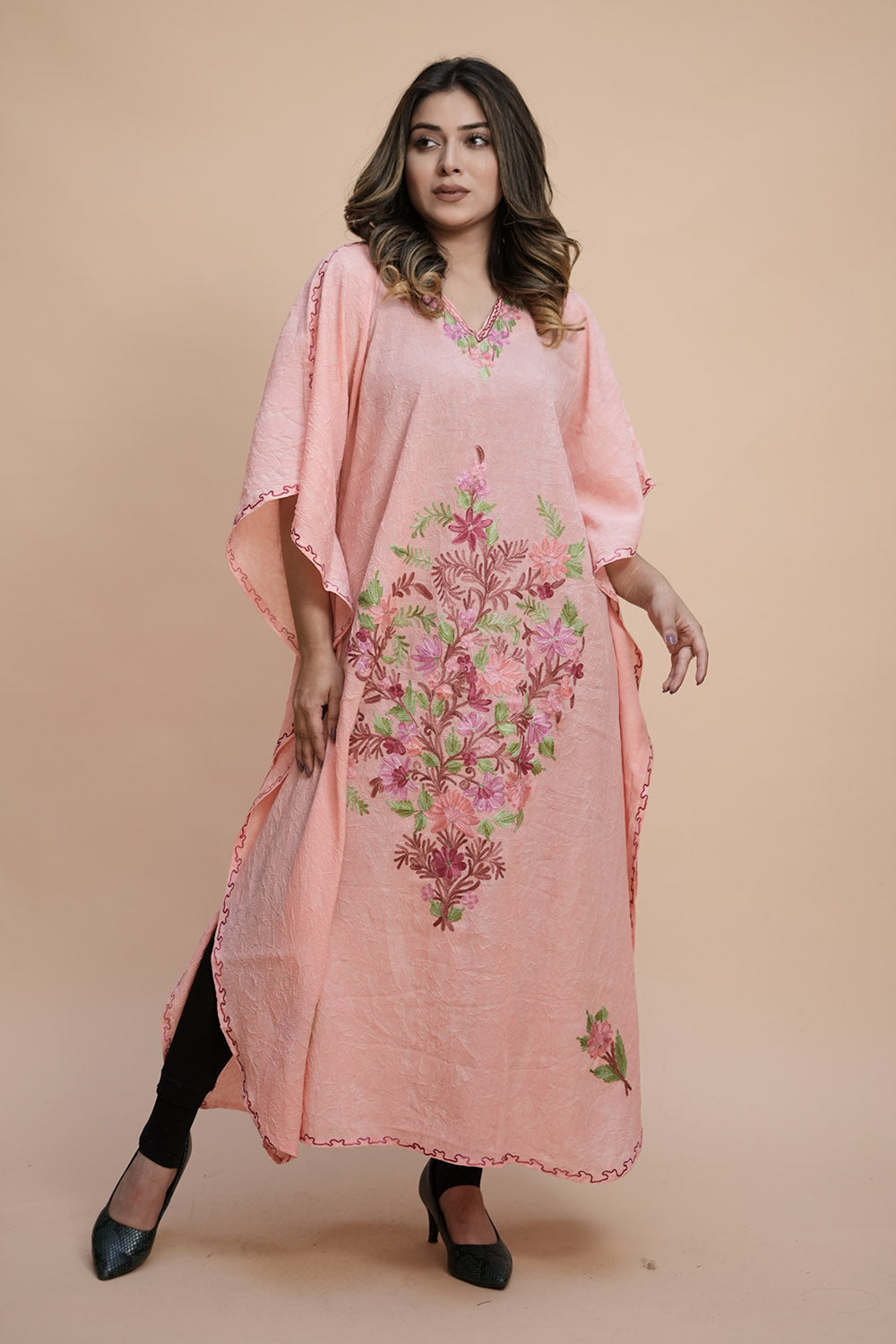 Peach Colour Crush Cotton Kashmiri Aari Work Designer Kaftan