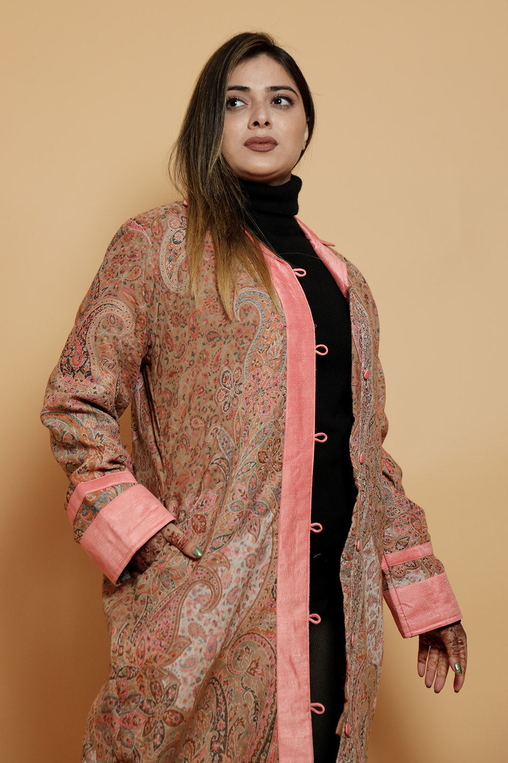 Peach Colour Kani Designer Jacket Along With New Jaal