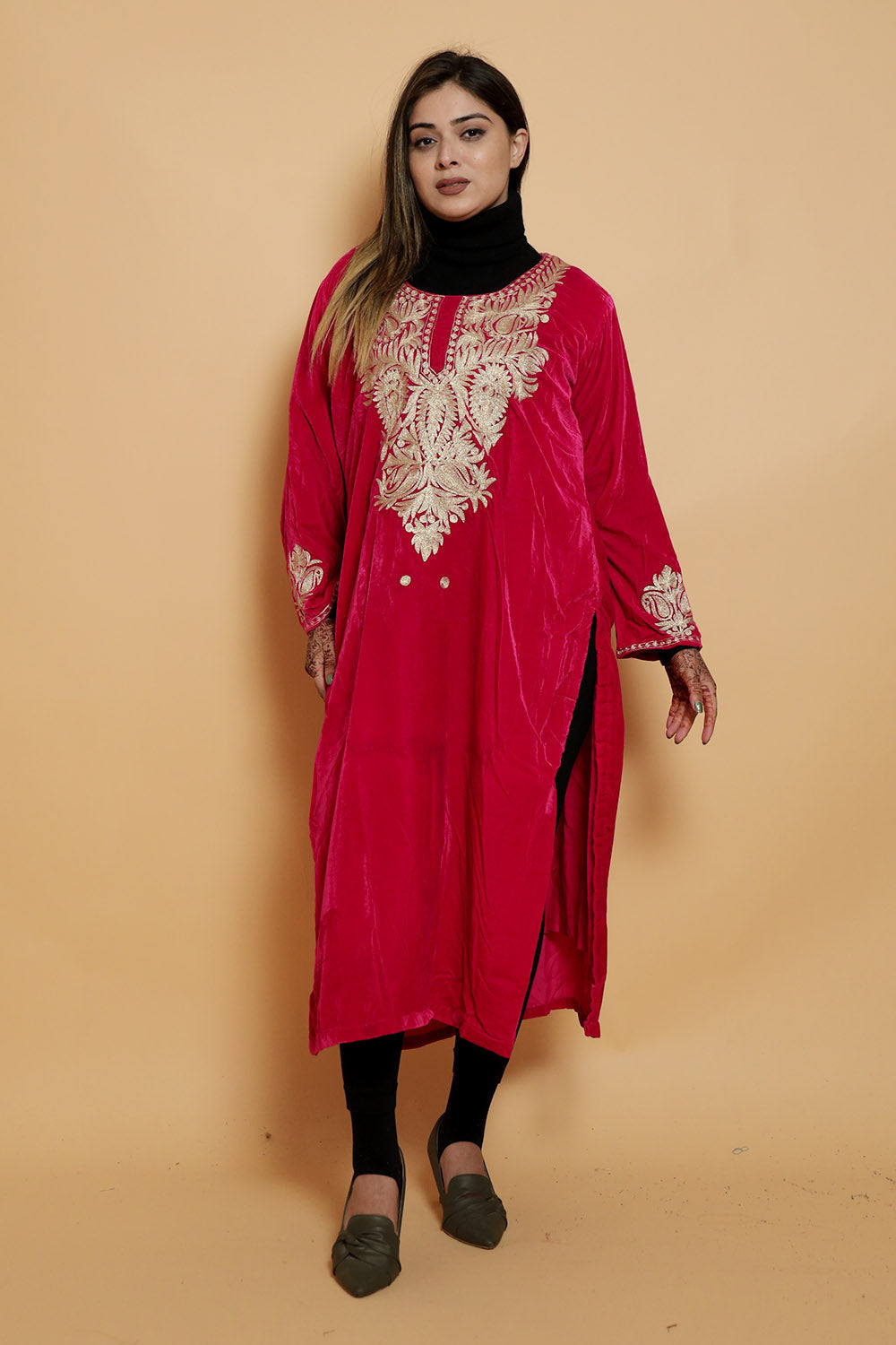Pink Color Aari Work Embroidered Velvet Phiran Enriched