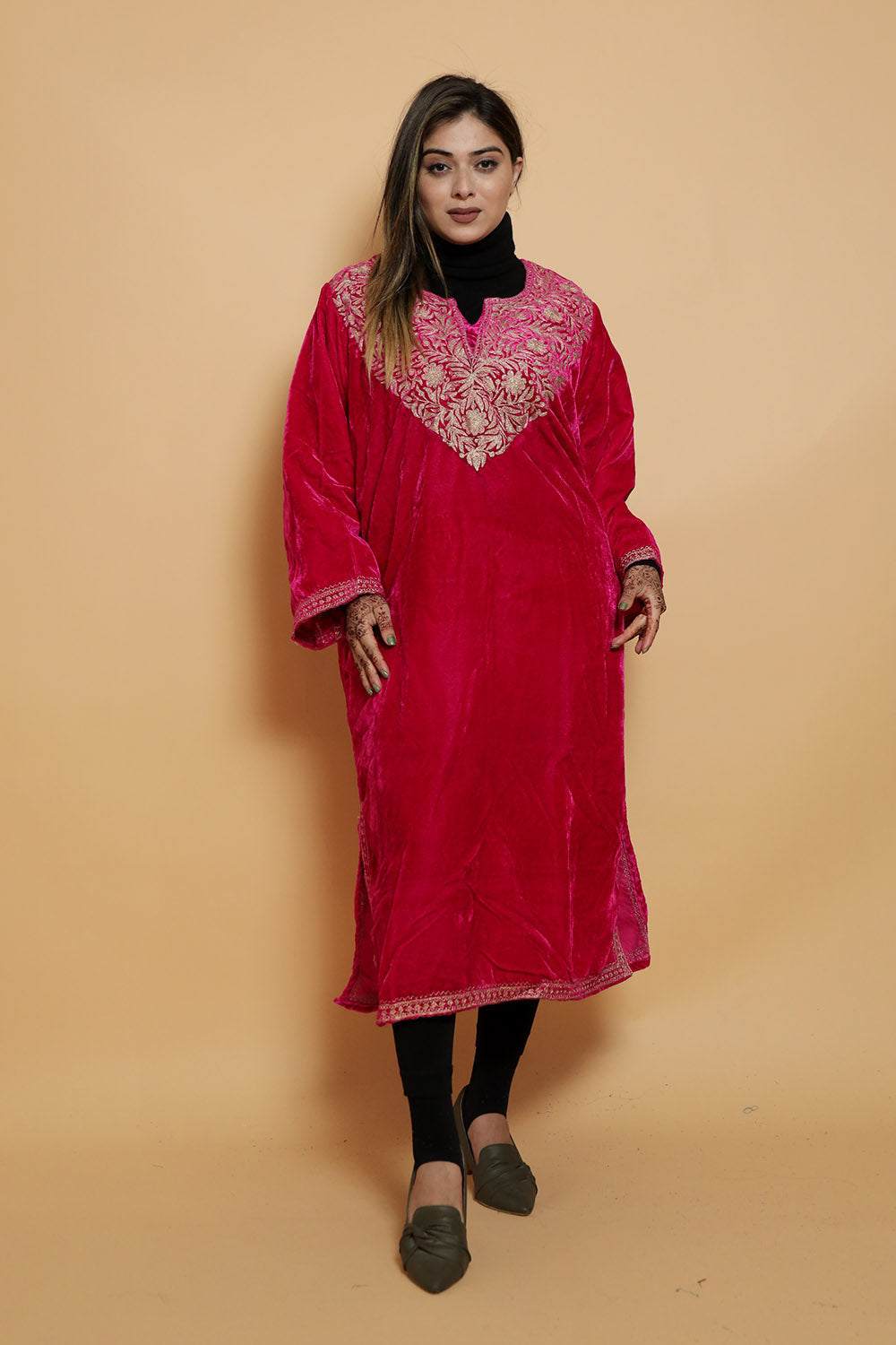 Pink Color Aari Work Embroidered Velvet Kashmiri Phiran