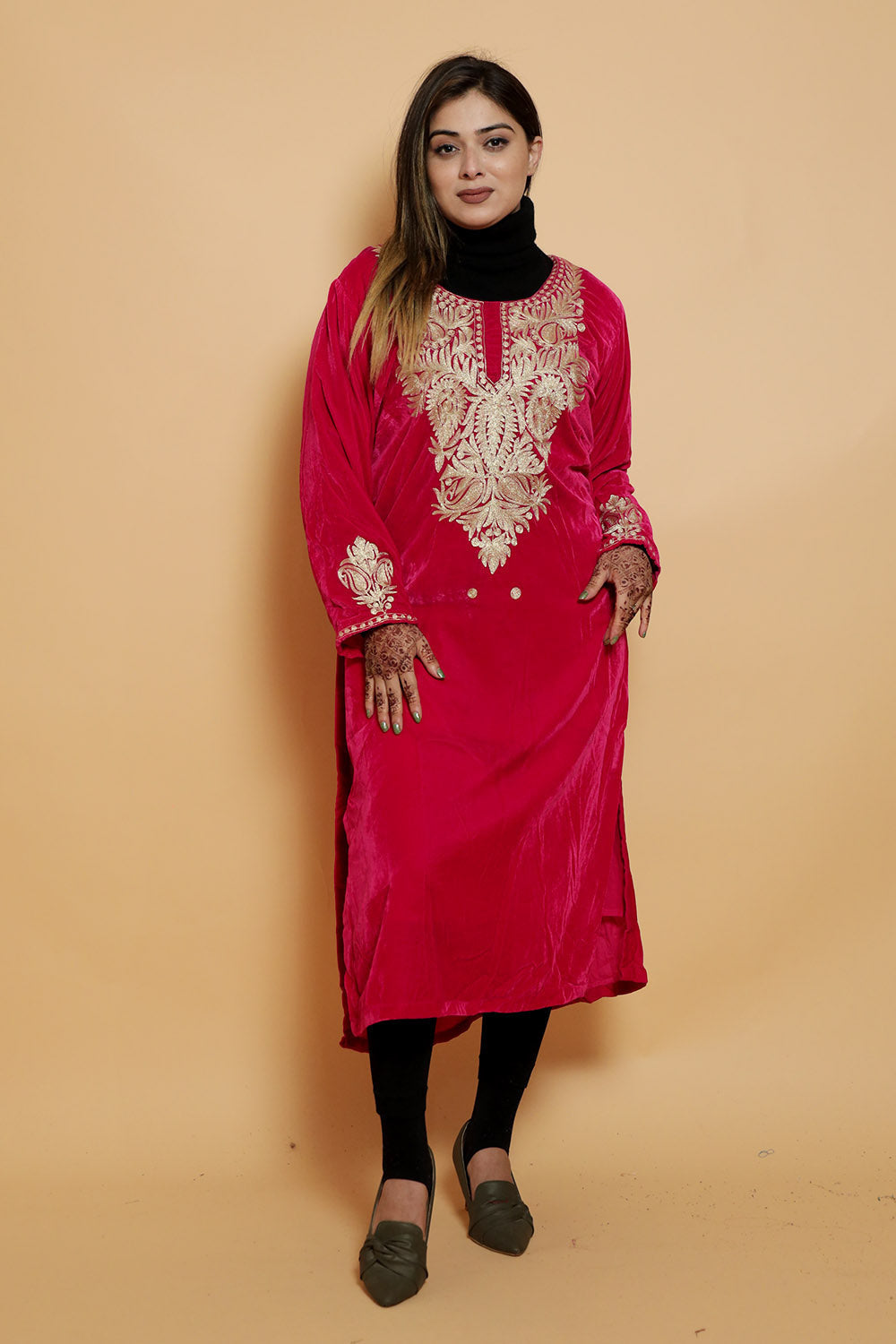 Pink Color Aari Work Embroidered Velvet Phiran Enriched