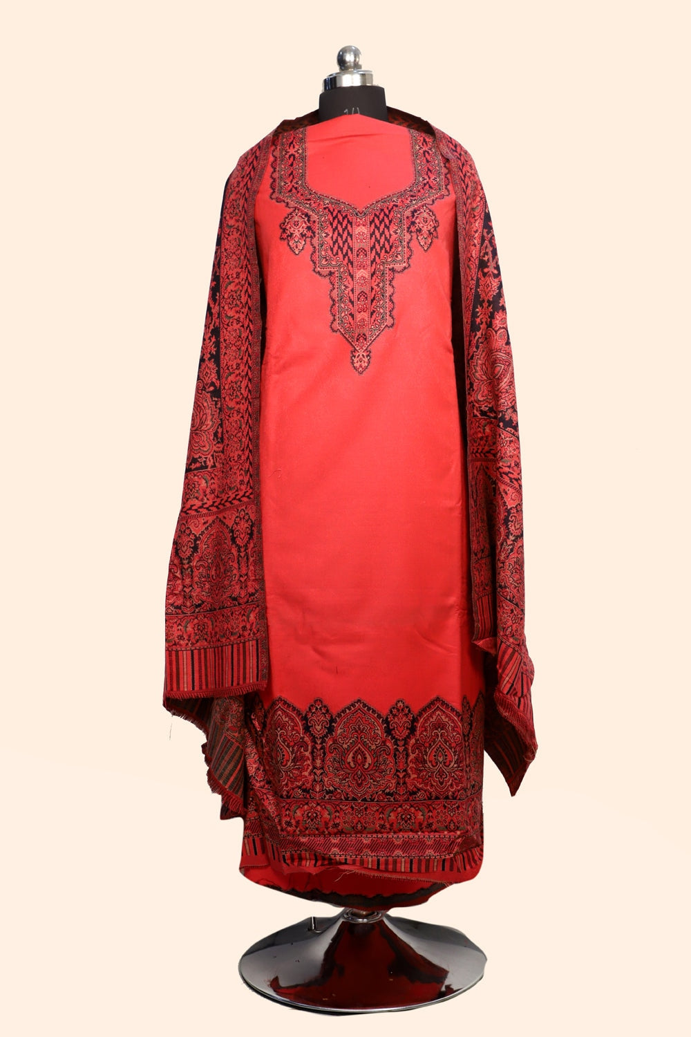 Pink Color Woolen Kashmiri Kani Work Unstitched Suit Fabric
