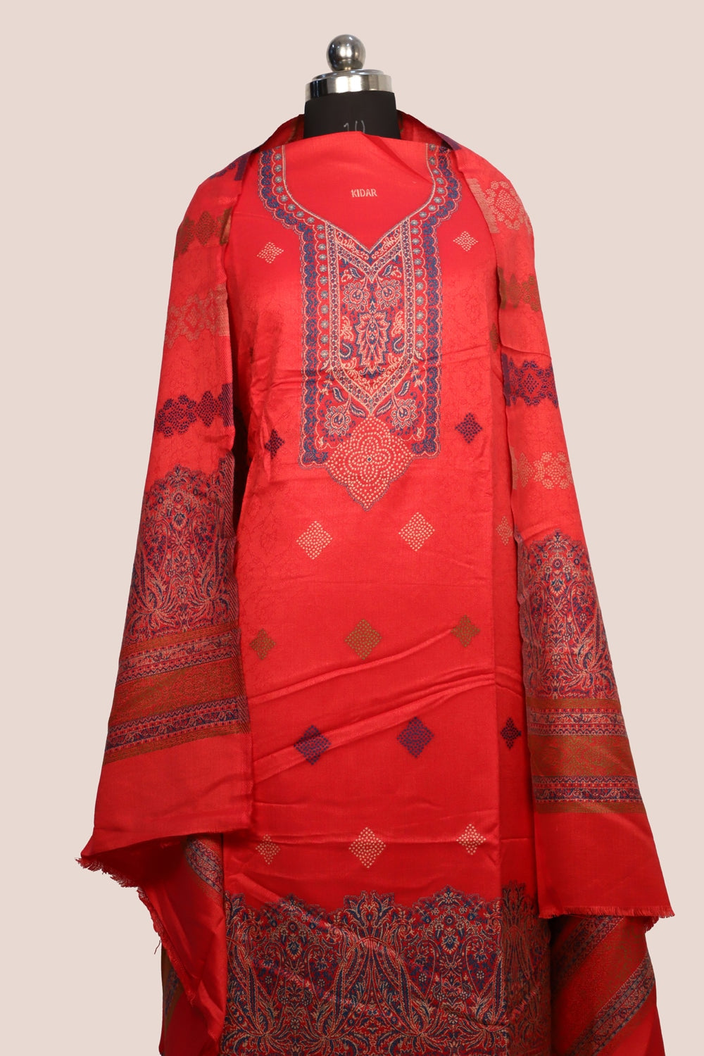 Pink Color Woolen Kashmiri Kani Work Unstitched Suit Fabric