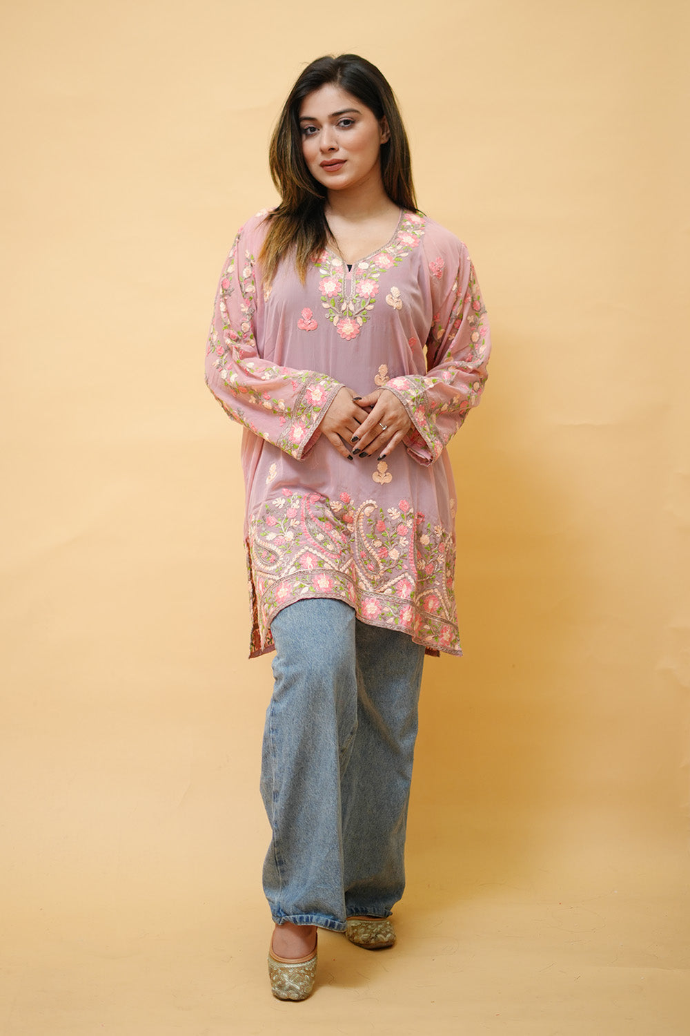 Pink Colour Aari Work Neck Short Kashmiri Kurti With Thread