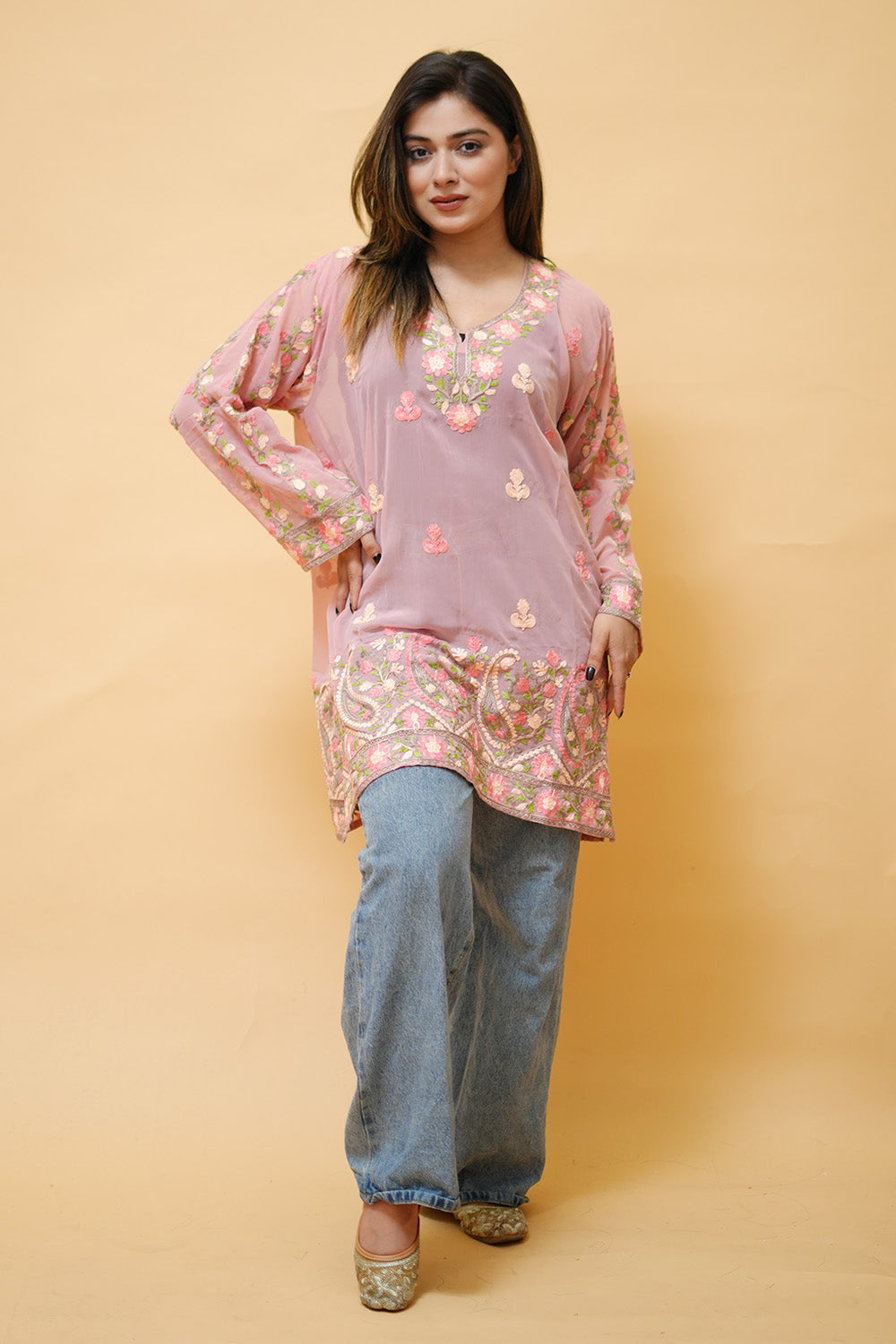 Pink Colour Aari Work Neck Short Kashmiri Kurti With Thread
