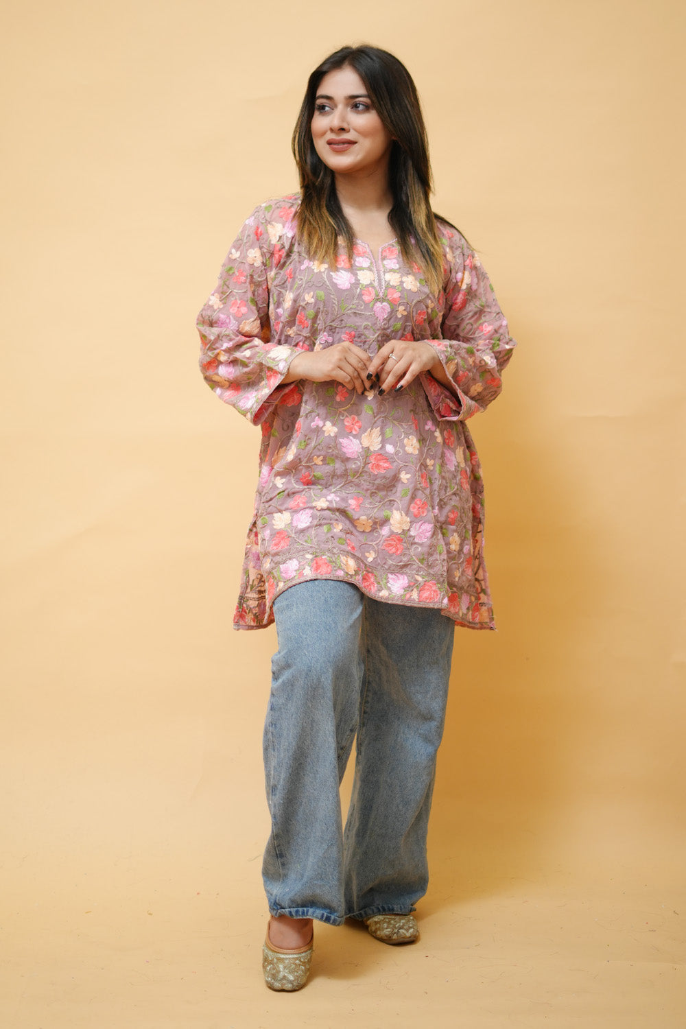 Pink Colour Aari Work Neck Short Kashmiri Kurti With Thread
