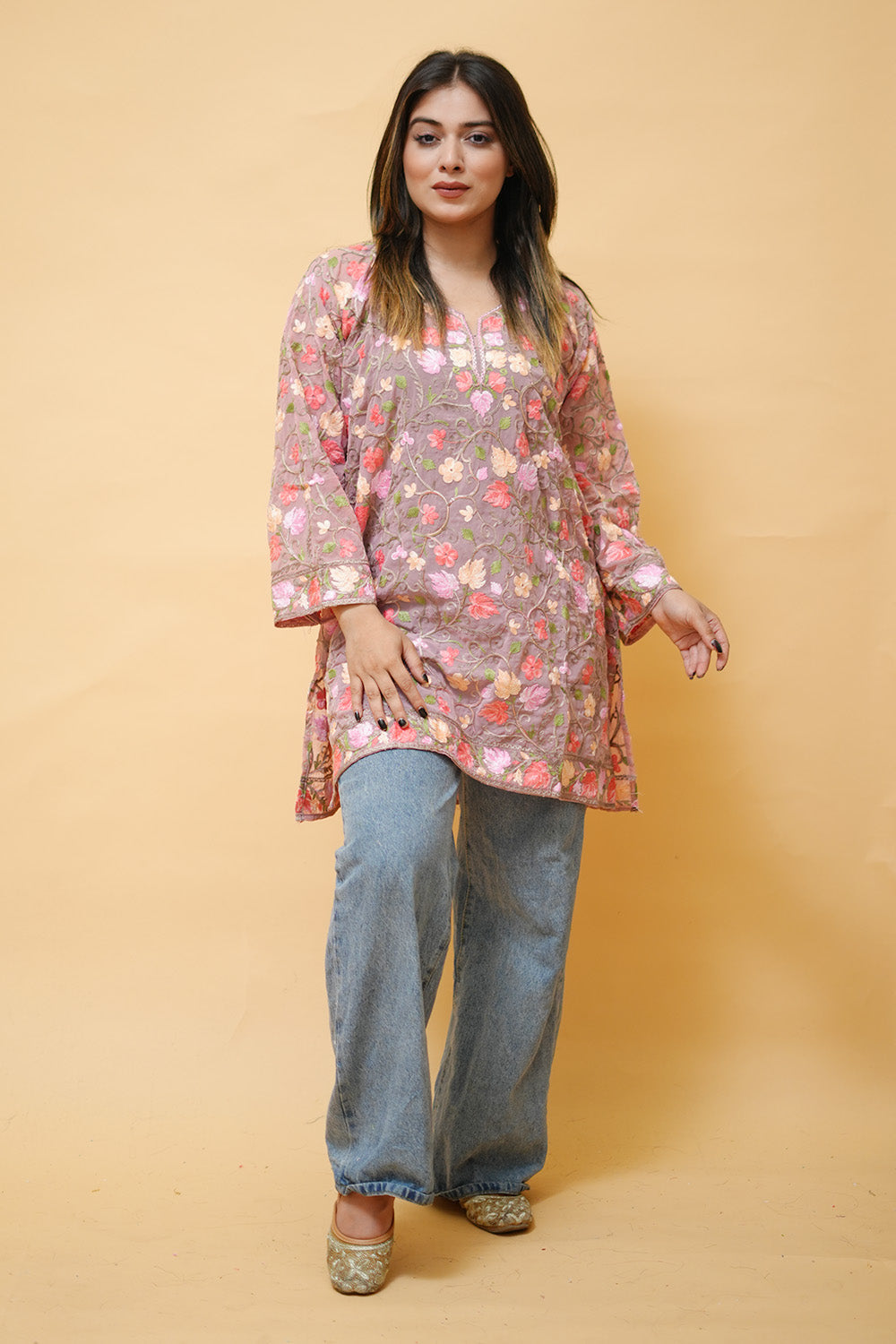 Pink Colour Aari Work Neck Short Kashmiri Kurti With Thread