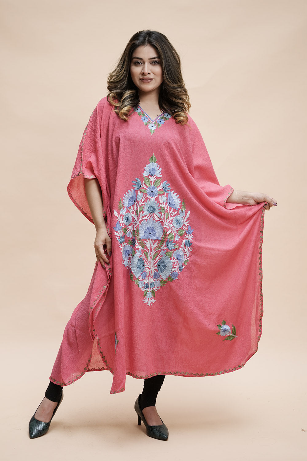 Pink Colour Crush Cotton Kashmiri Aari Work Designer Kaftan