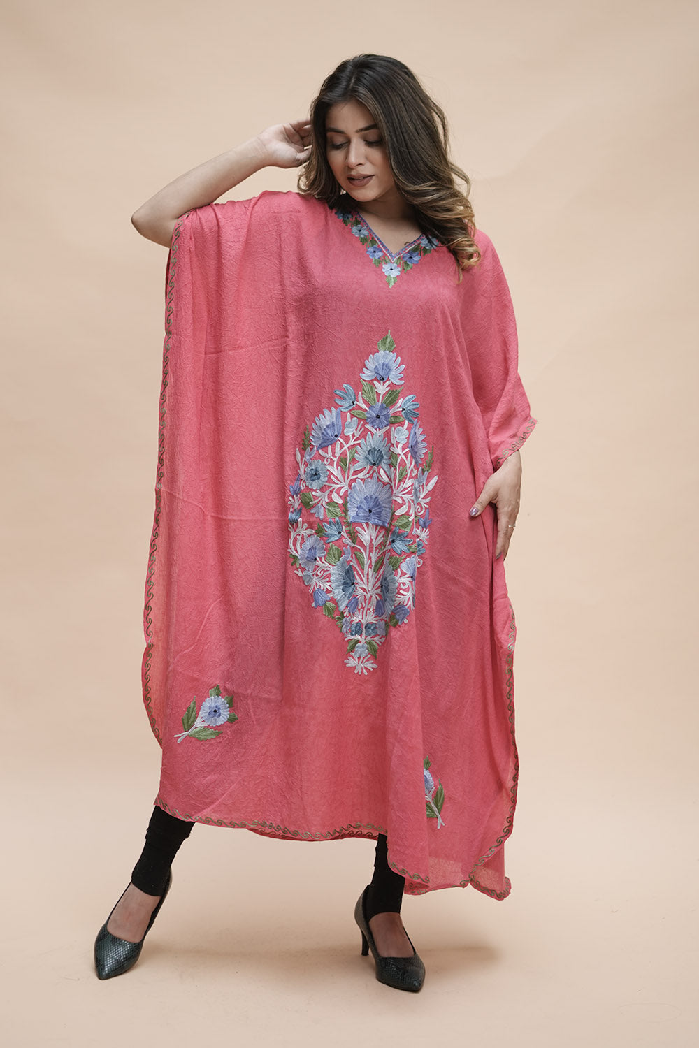 Pink Colour Crush Cotton Kashmiri Aari Work Designer Kaftan