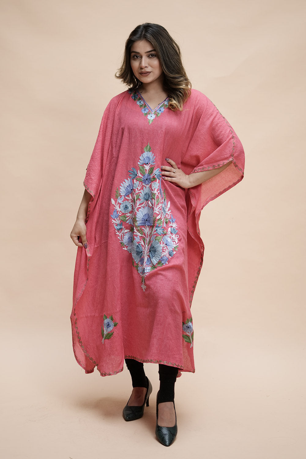 Pink Colour Crush Cotton Kashmiri Aari Work Designer Kaftan