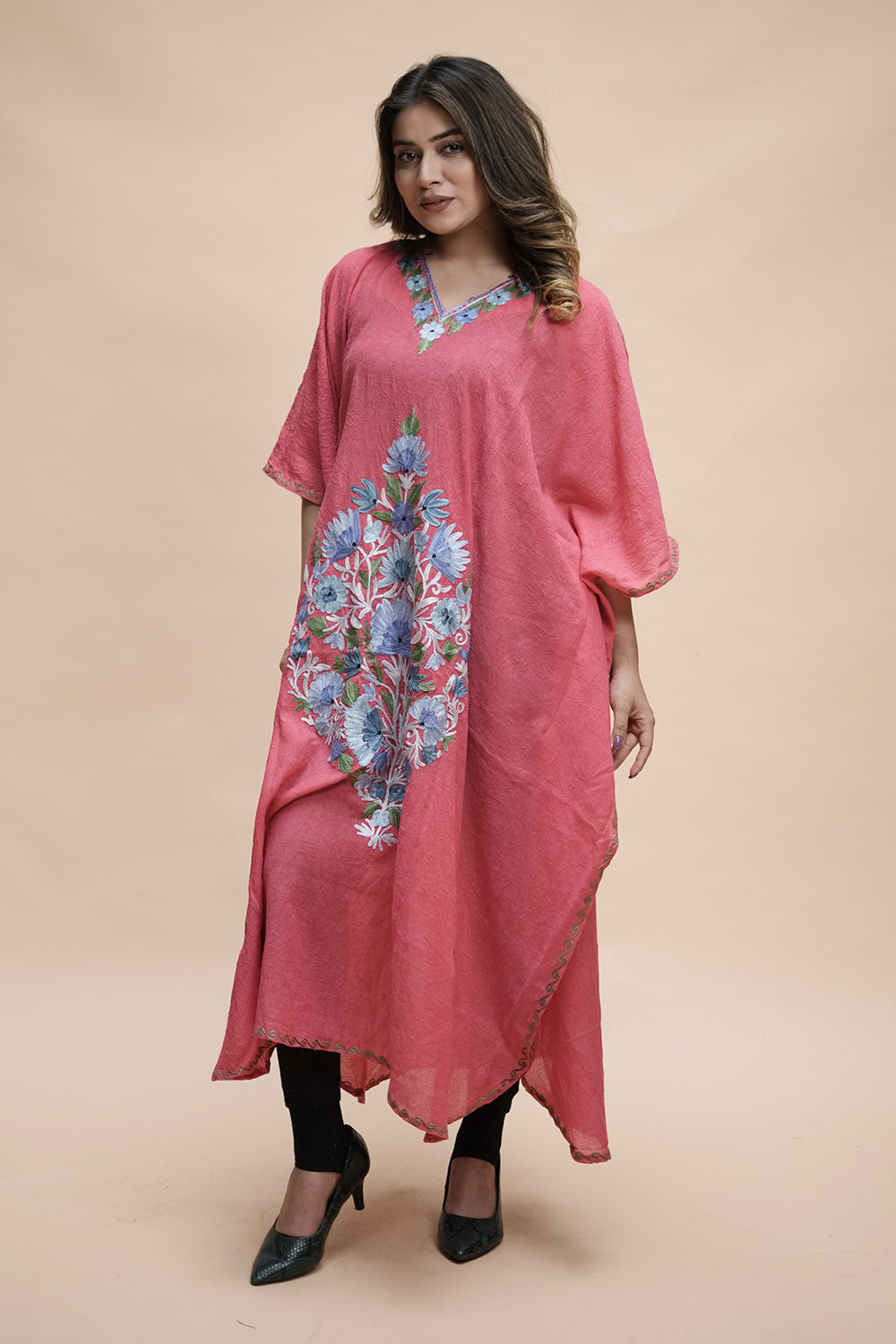 Pink Colour Crush Cotton Kashmiri Aari Work Designer Kaftan