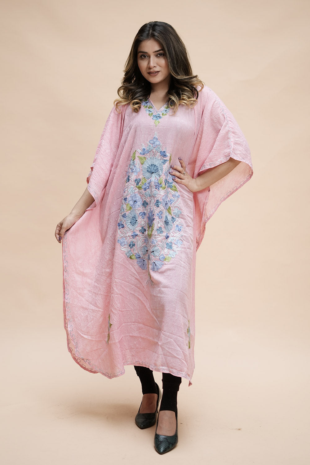 Pink Colour Crush Cotton Kashmiri Aari Work Designer Kaftan