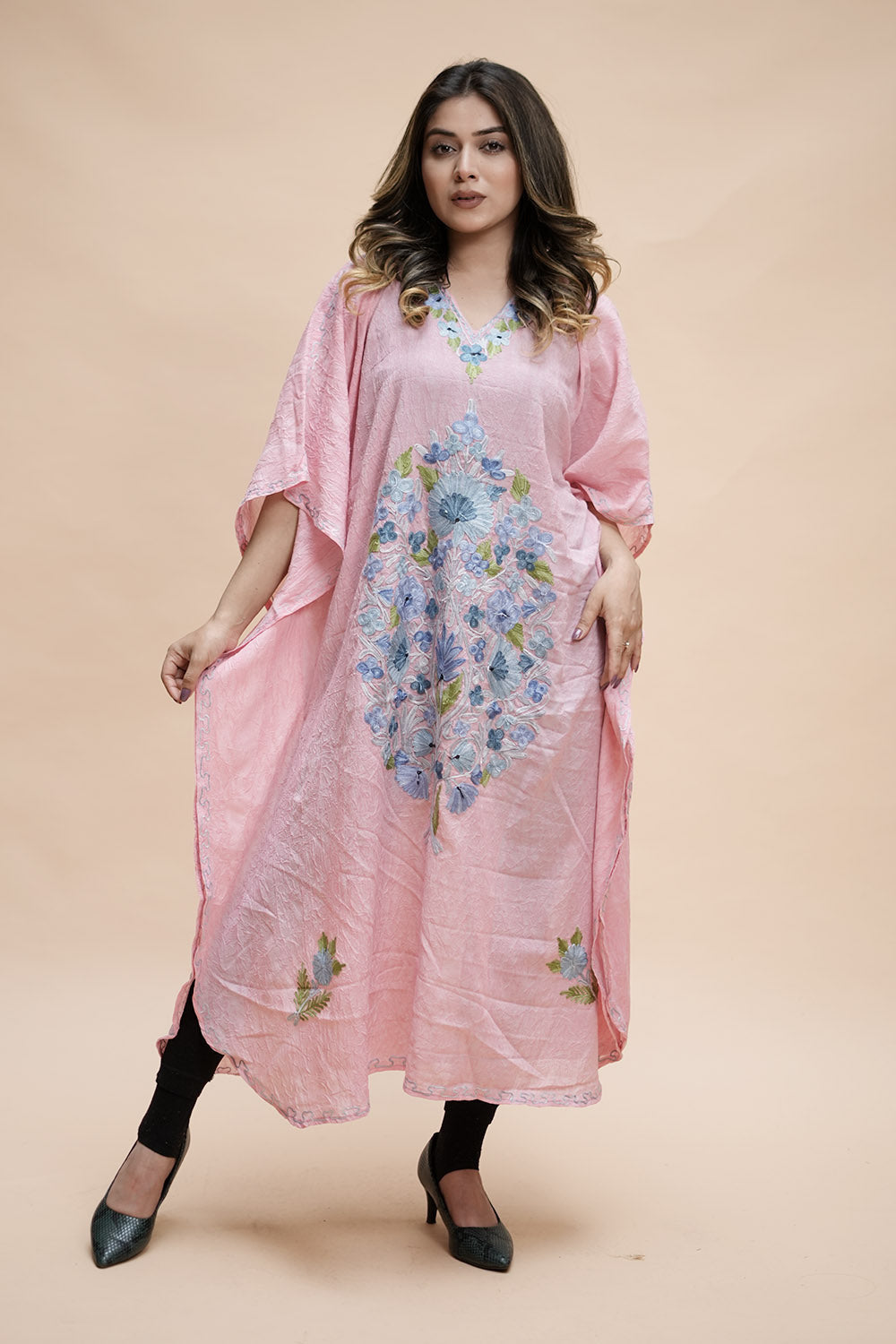 Pink Colour Crush Cotton Kashmiri Aari Work Designer Kaftan