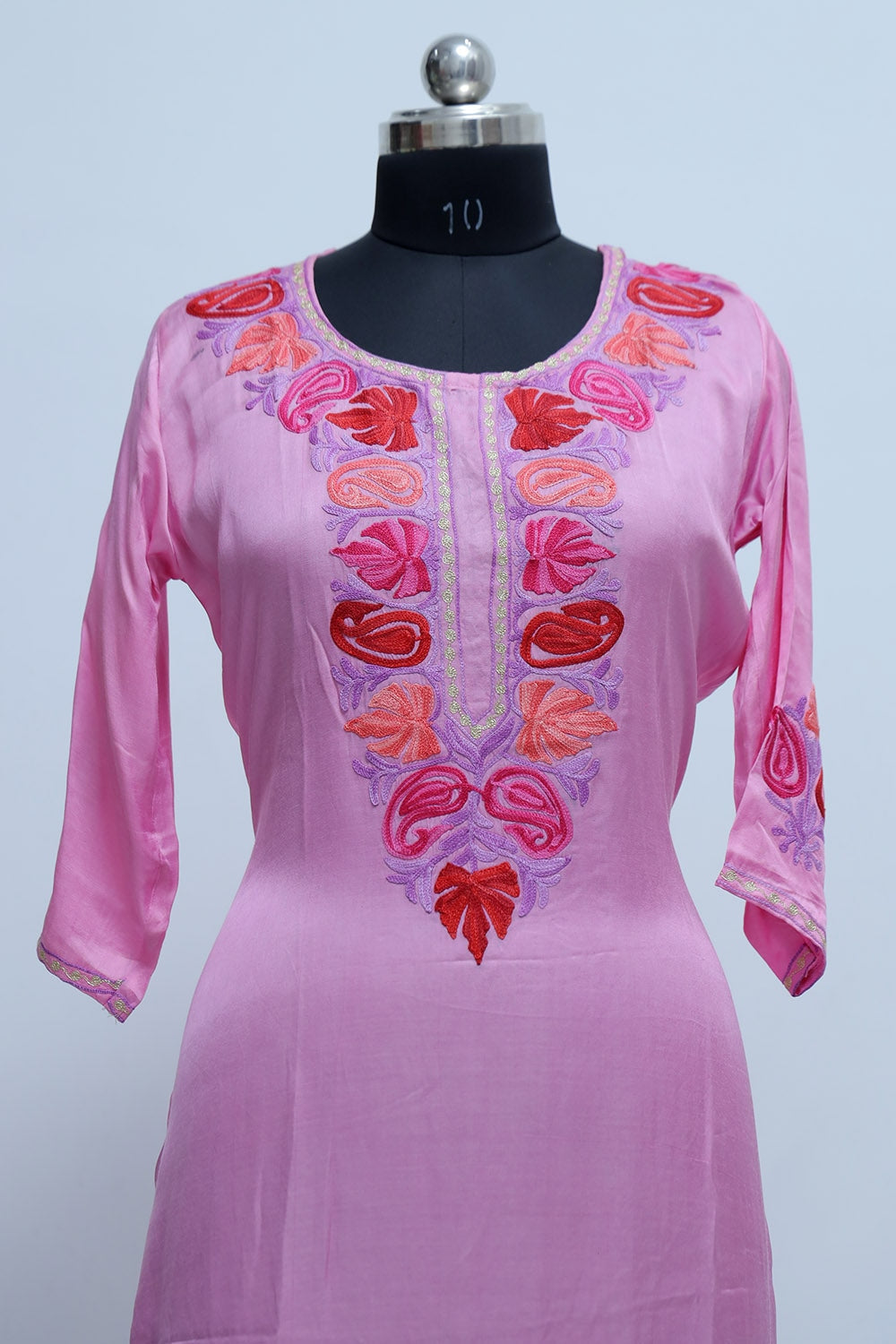 Pink Colour Kashmiri Crepe Kurti With Beautiful Aari