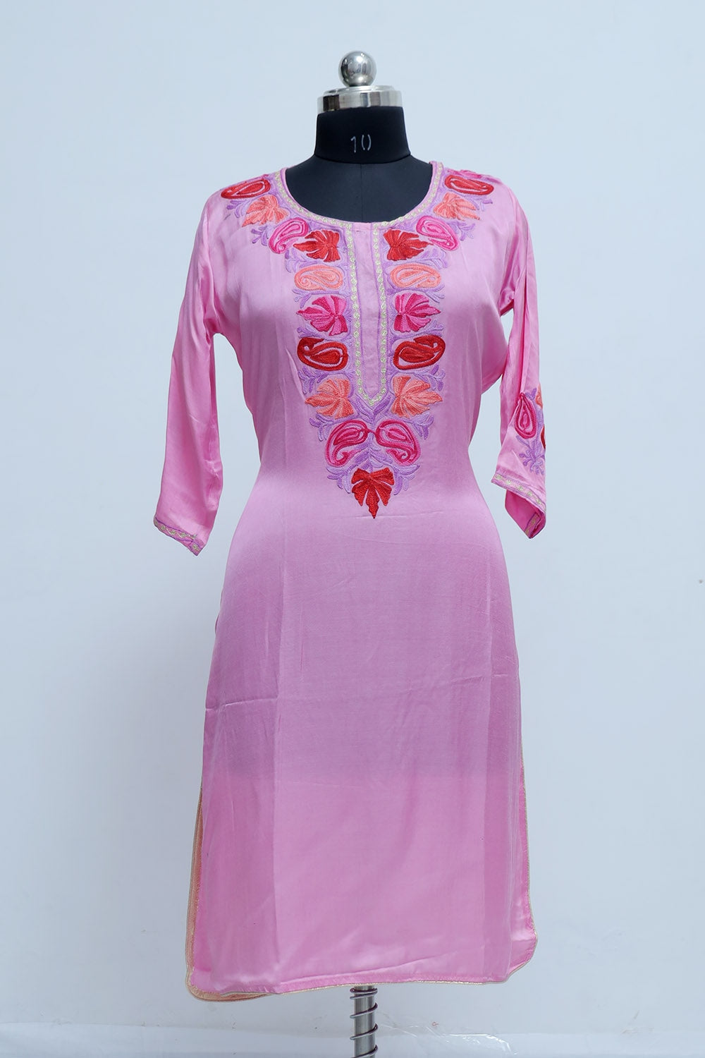 Pink Colour Kashmiri Crepe Kurti With Beautiful Aari