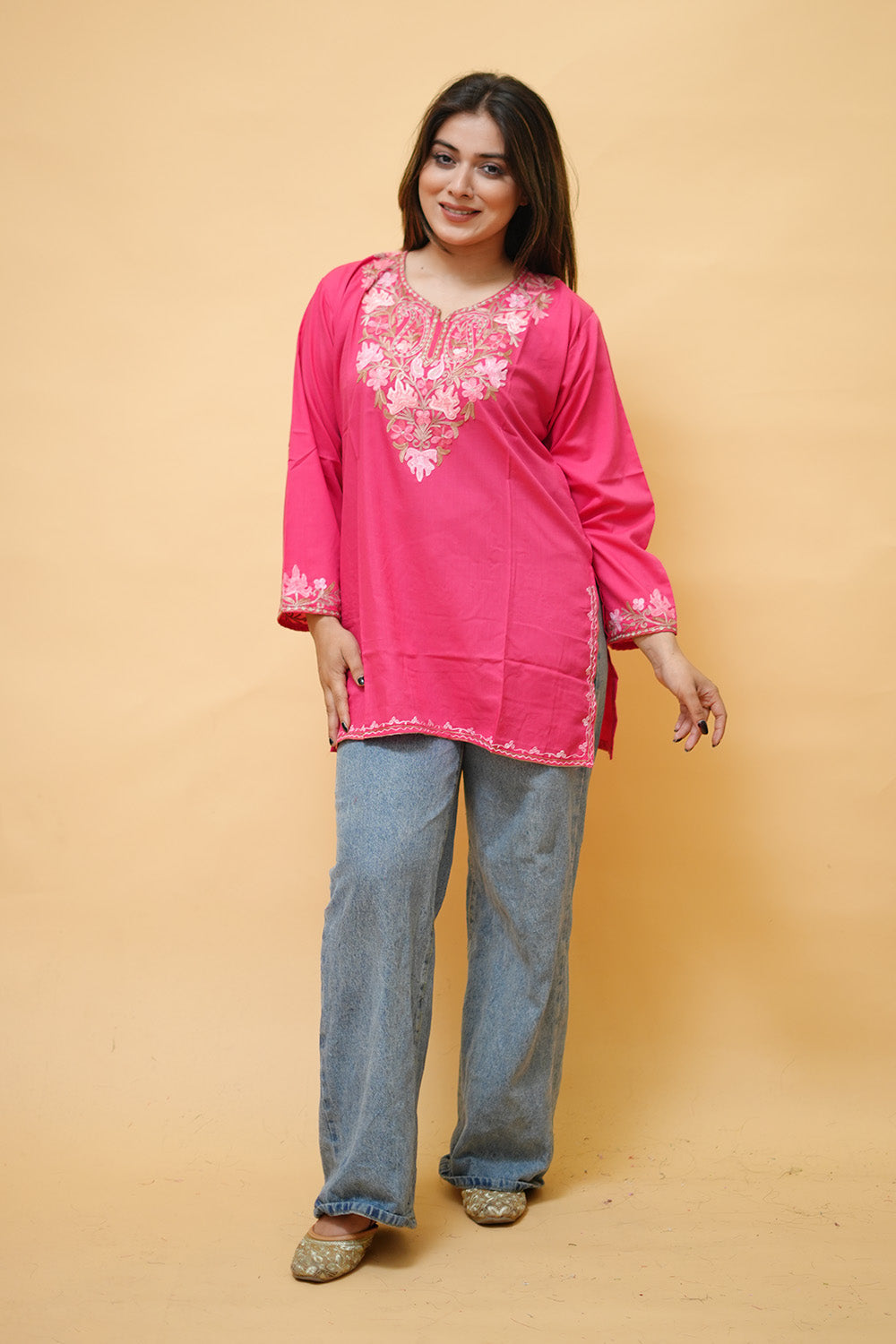 Pink Cotton Aari Work Kurti With Multicoloured Neckline