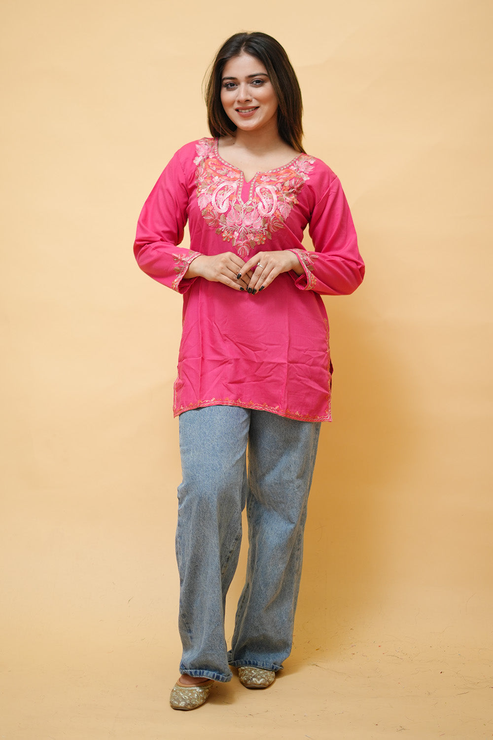Pink Cotton Aari Work Kurti With Multicoloured Neckline