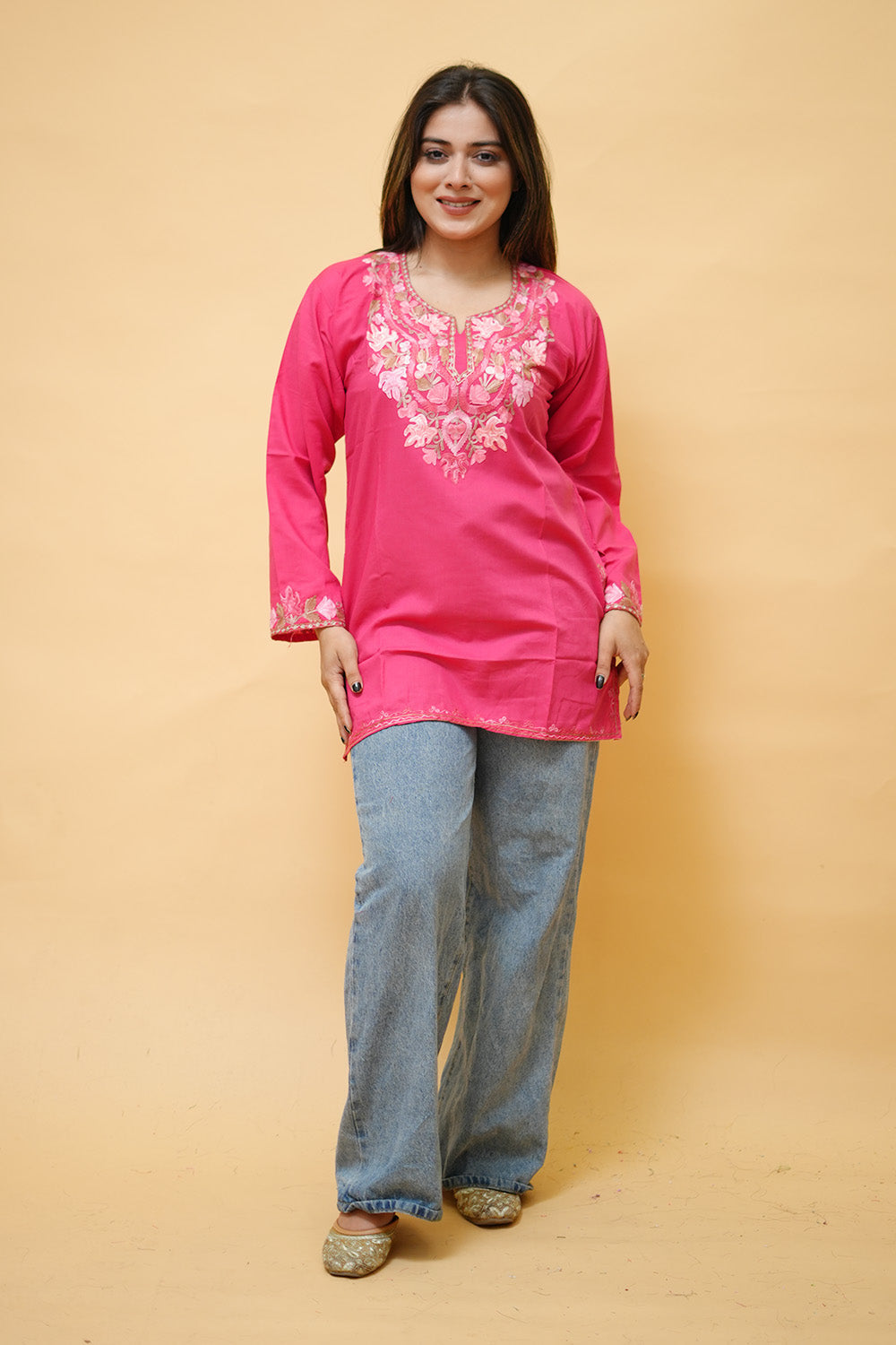 Pink Cotton Aari Work Kurti With Multicoloured Neckline