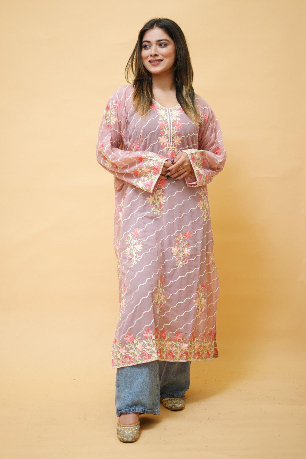 Pink Diagonal Kashmiri Kurti With Multicolour all over