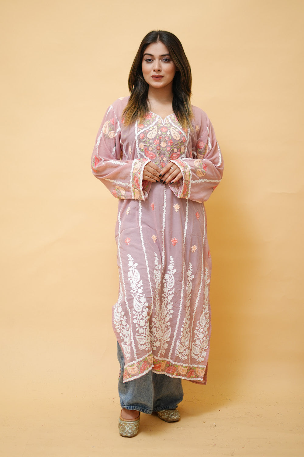 Pink Lining Kashmiri Kurti With Multicolour all over Front