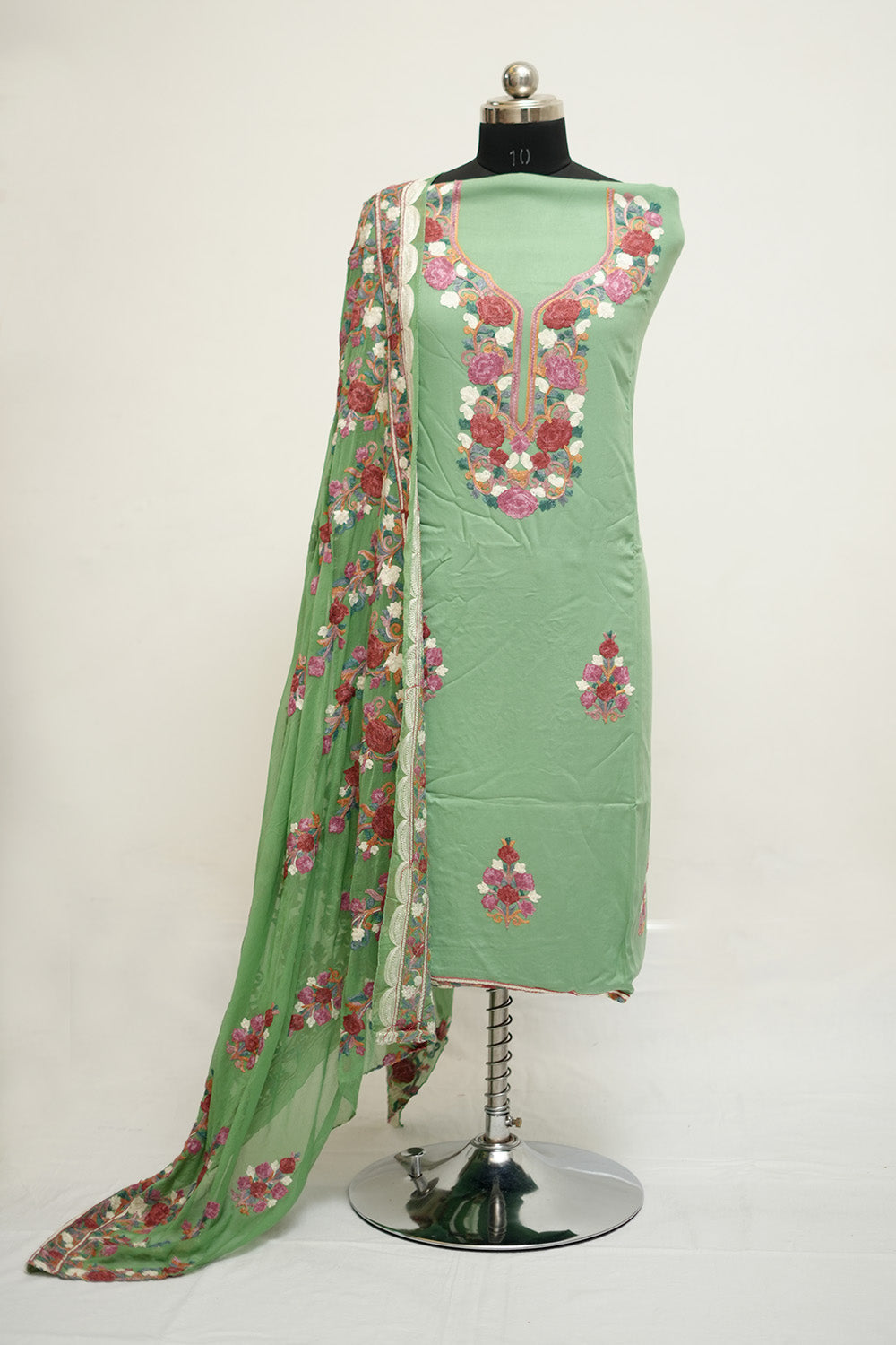 Pista Colour Aari Work Salwar Kameez With Neckline Pattern