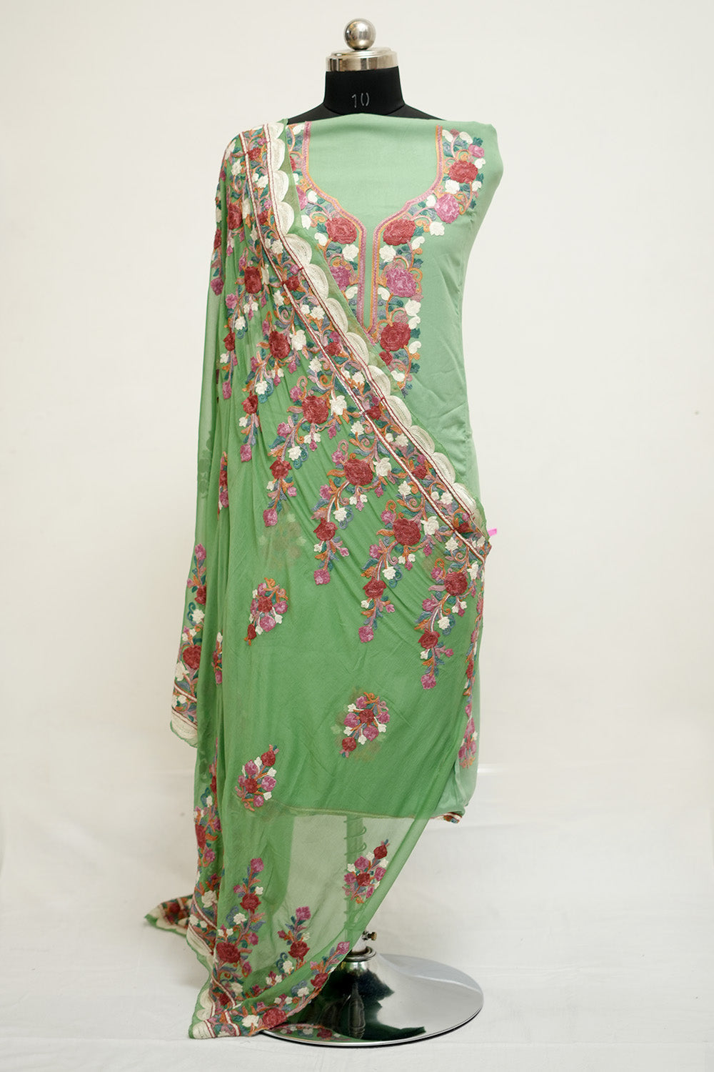 Pista Colour Aari Work Salwar Kameez With Neckline Pattern