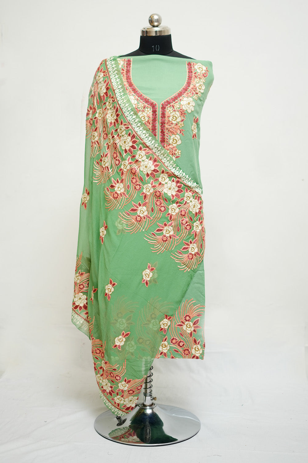 Pista Green Aari Work Salwar Kameez With Neckline Pattern