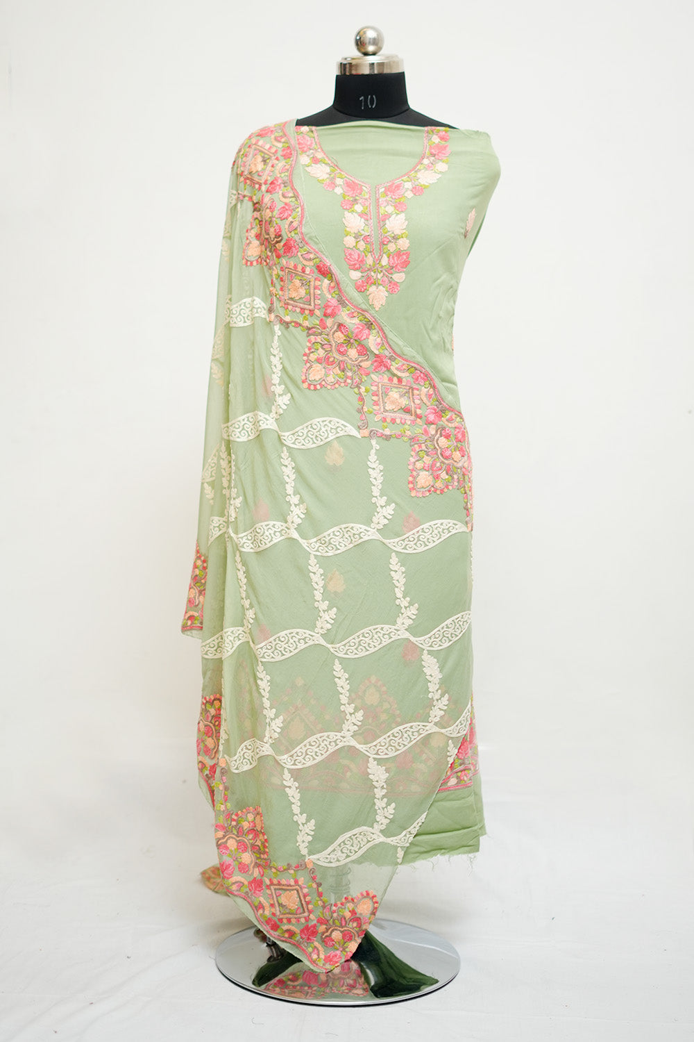 Pista Green Aari Work Salwar Kameez With Neckline Pattern