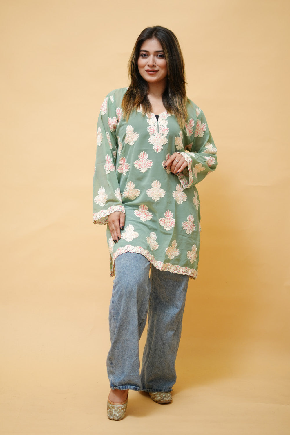 Pista Green Colour Aari Work Neck Short Kashmiri Kurti