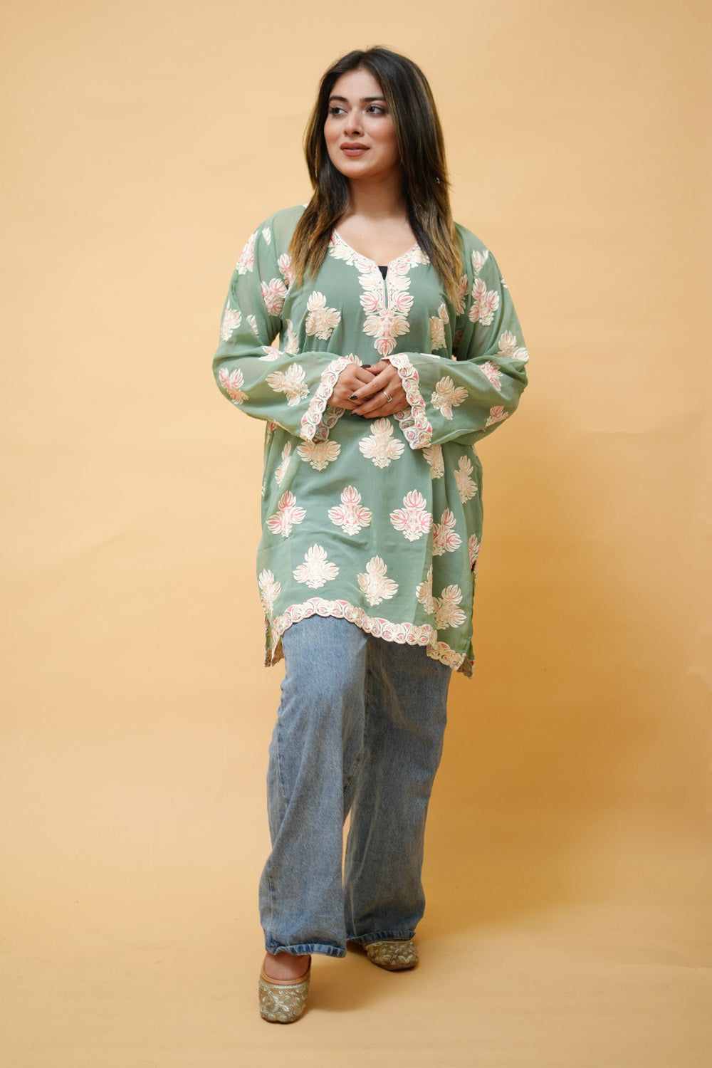 Pista Green Colour Aari Work Neck Short Kashmiri Kurti