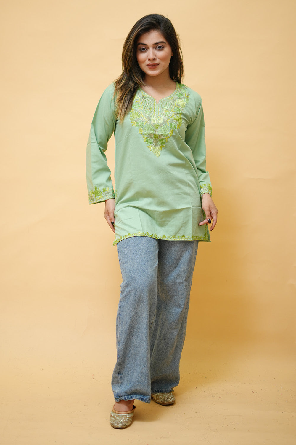 Pista Green Cotton Aari Work Kurti With Multicoloured