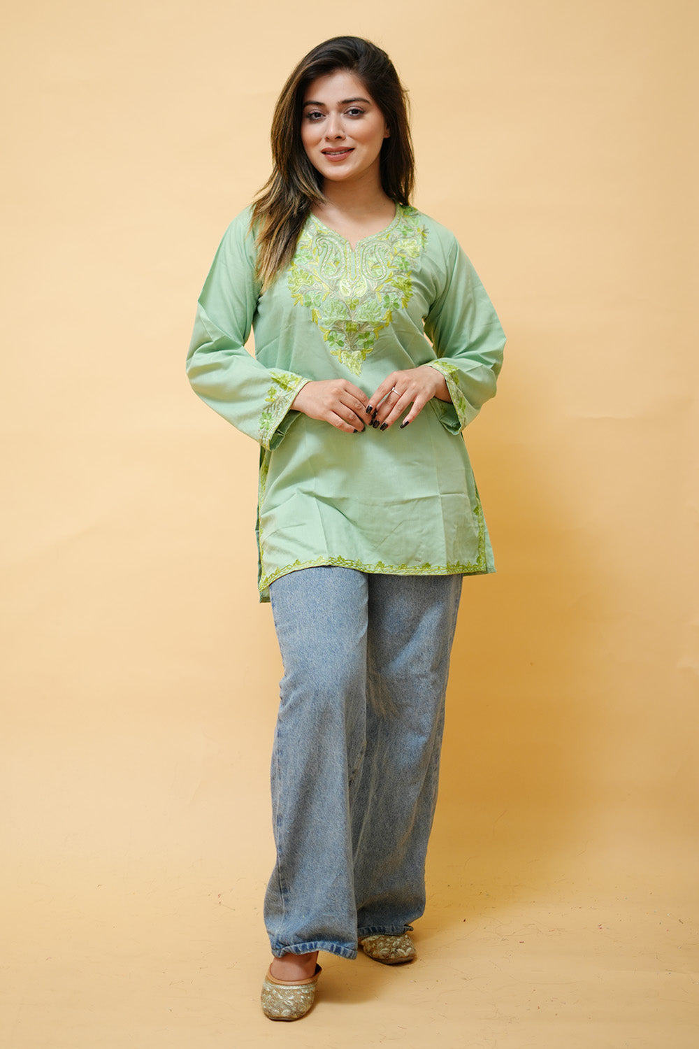 Pista Green Cotton Aari Work Kurti With Multicoloured