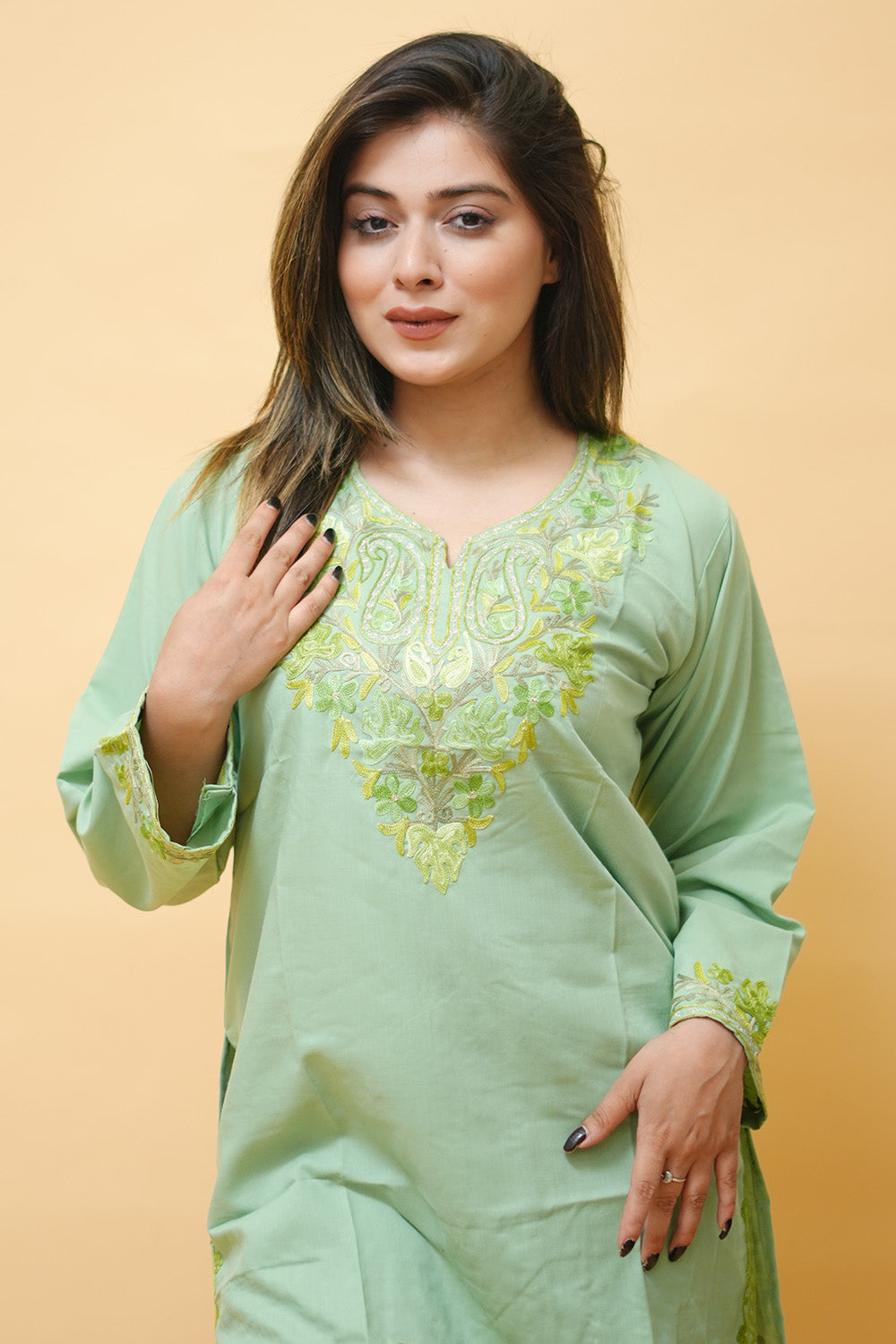 Pista Green Cotton Aari Work Kurti With Multicoloured