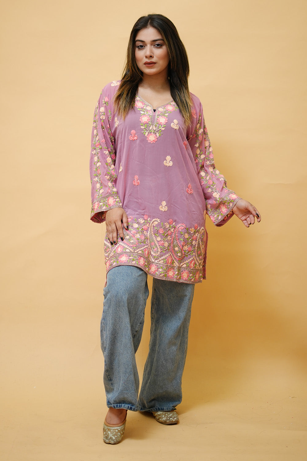 Purple Colour Aari Work Neck Short Kashmiri Kurti
