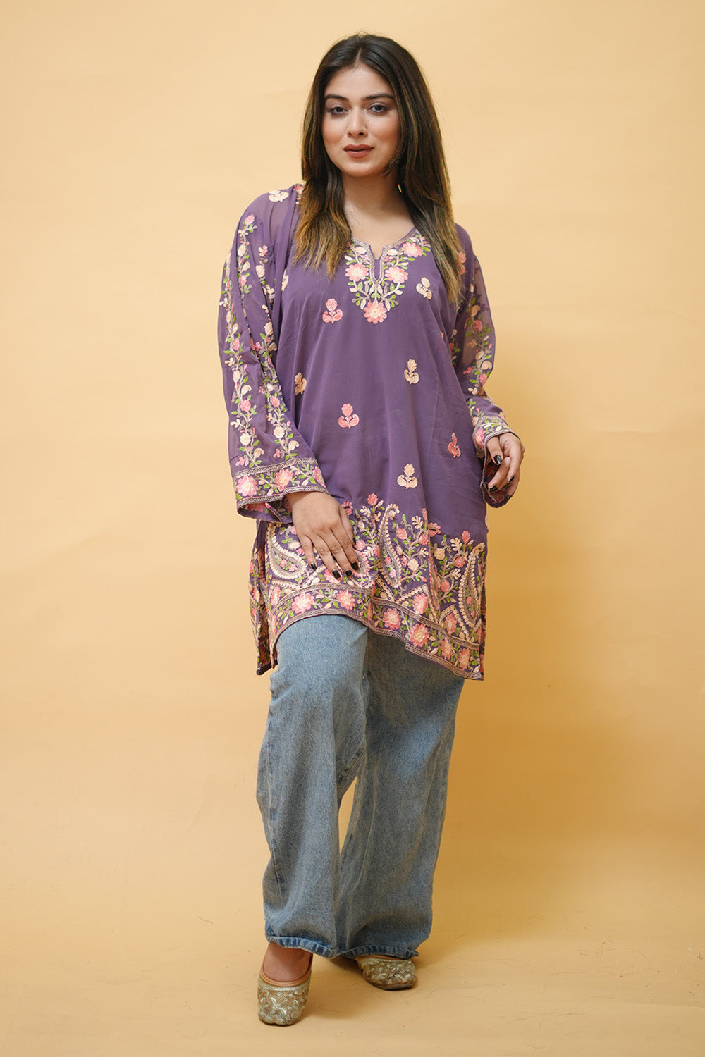 Purple Colour Aari Work Neck Short Kashmiri Kurti