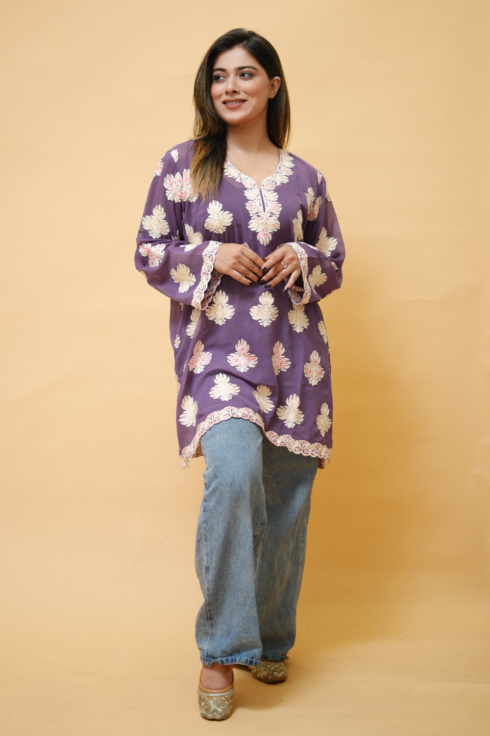 Purple Colour Aari Work Neck Short Kashmiri Kurti