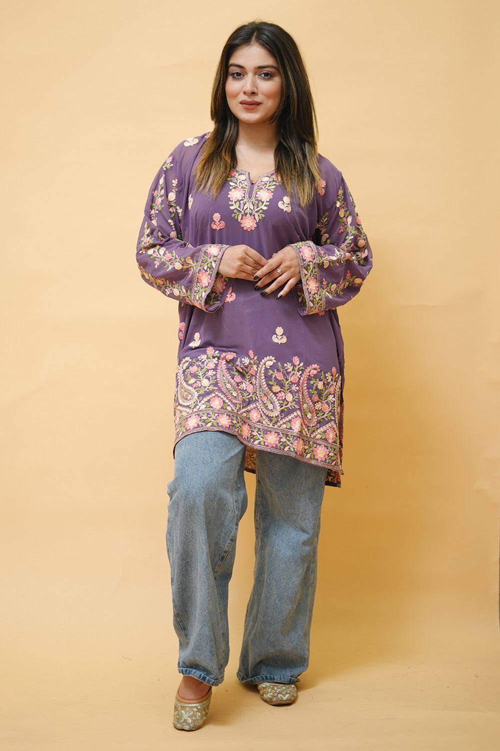 Purple Colour Aari Work Neck Short Kashmiri Kurti